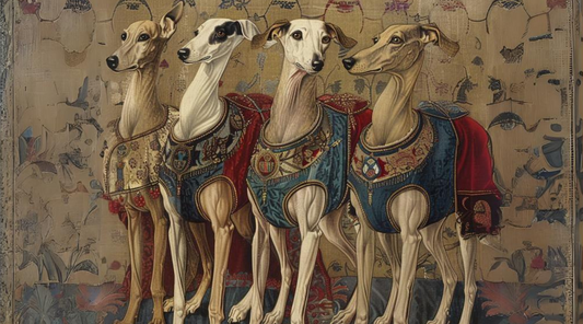 An image of four greyhound type dogs wearing noble harnesses made of silk and adorned with family crests representing dog harnesses from the middle ages. Feature image for Charlie + Co blog post "A Tail-Wagging History of the Dog Harness"